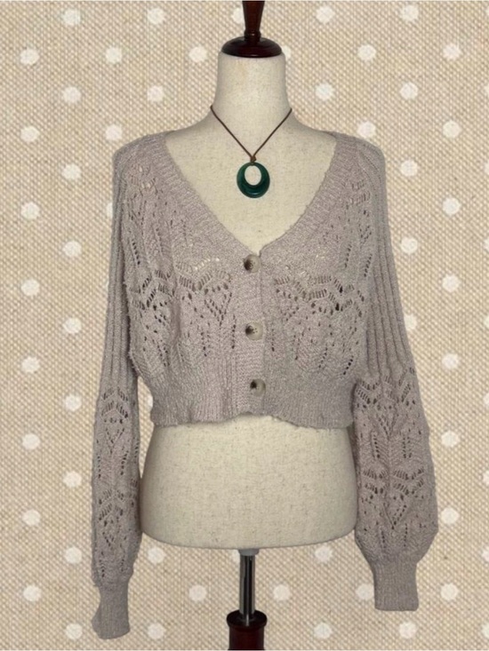 Altar'd State Sweaters - Altar'd State Taupe Openwork V‑Neck Cropped Cardigan